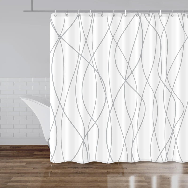 Punkray Grey and White Striped Fabric Shower Curtain for Bathroom with 14 Hooks, Shower Curtains for Bathroom Decor, Waterproof Bath Accessories Hotel Style - Machine Washable 84 X 72 - Image 1